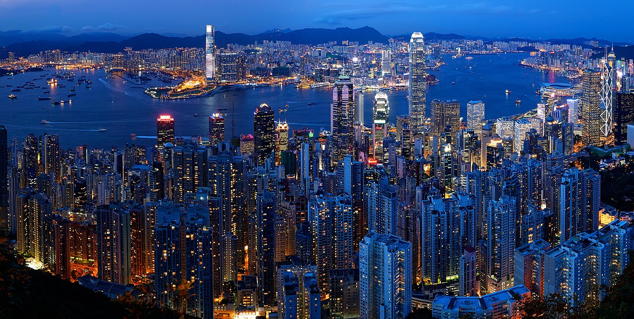 Hong Kong skyline and Victoria Harbour at dusk, viewed from Victoria Peak